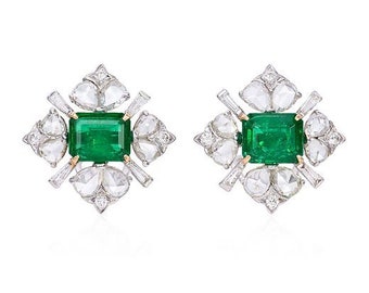 14k white gold Diamond Emerald earrings Studs , Emerald Studs, emerald earrings Diamond Studs, Christmas Jewelry