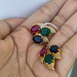 18k gold Sapphire Ruby Emerald Diamond Stud Earrings, emerald earrings, muli color gemstone earrings stud, estate earrings