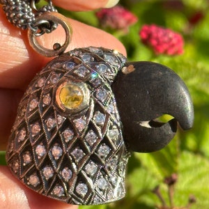 Puede incluir: Un collar de cadena de plata con un colgante de loro negro. El loro está incrustado con pequeñas piedras preciosas transparentes y amarillas.