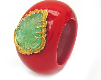Red coral emerald leaf ring, Genuine Emerald Ring, Stunning unique Emerald ring, Designer Emerald ring