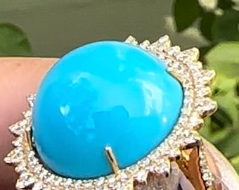18 karaat turkoois diamanten cocktailring, 14k geelgouden turkoois diamanten ring, turkoois slaapschoonheid ring, cabochon turkoois ring