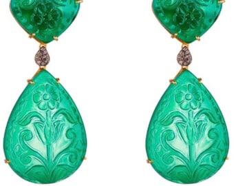 Diamond Green Onyx Earrings, Green Onyx Jewelry, green Diamond Earrings, carved onyx earrings, .925 Sterling Silver Custom Earrings, Blue
