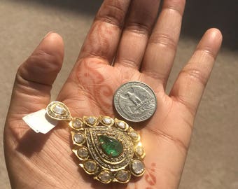 Estate Emerald Diamond Pendant in Gold and Silver