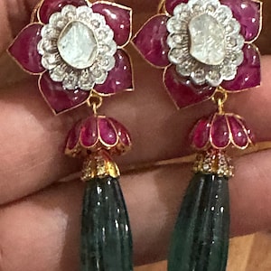 51 carats Gold Diamond Emerald Ruby earrings, long Emerald Ruby Earrings, emerald earrings, Christmas Jewelry, Ruby Diamond Earrings