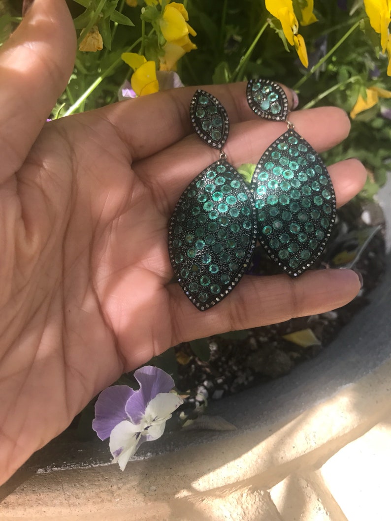 Emerald diamond earrings, vintage look emerald, image 9