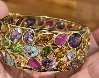 Sapphire Ruby emerald Cuff, Sterling Gold Dipped Multi-Sapphire cuff, Multistone Bangle, Citrine Garnet Blue Sapphire
