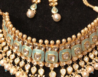 Collar de turquesa con diamantes en oro de 22 quilates, collar de oro de 22 quilates, joyería étnica con turquesa, collar Moughal de oro, jadau