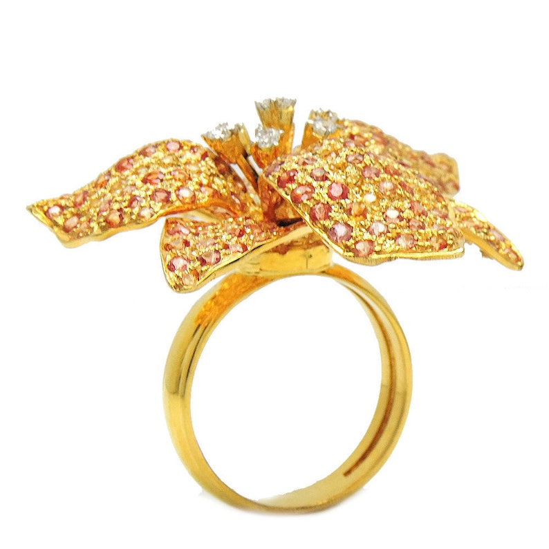 18k Gold Flower Statement Ring Big Diamond Sapphire Flower Etsy