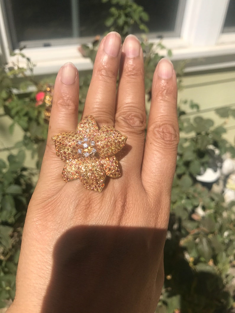 18k Gold Flower Statement Ring Big Diamond Sapphire Flower Etsy