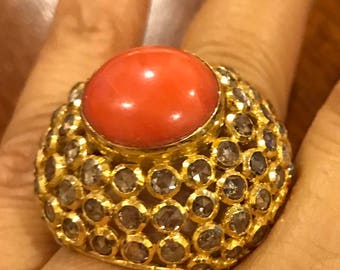 18k Gold  Coral Ring 10 carat coral 9 carat diamond ring!!