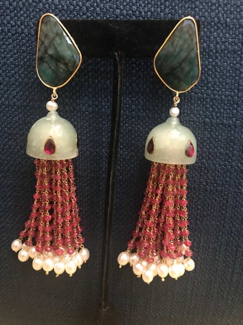 Emerald Ruby Jade Chandelier Earrings, tuby tassel earrings, emerald slice earring, emerald earring, ruby earrings, boucles d'oreilles rubis image 7