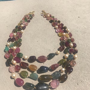 Natural Multi Tourmaline Necklace, cabachon tourmaline smooth bead necklace, colorful Genuine Tourmaline String, multicolored Multi string