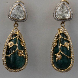 94 Carats Emerald Diamond earrings, gold cabachon teardrop Emerald earrings, Large Natural Emerald diamond Earrings with delicate gold work.