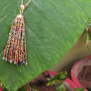 Multi Sapphire Pendant, Silver Gold Plated Sapphire Pendant with Chain , Rose Quartz Jewelry, Tassle pendant with Chain