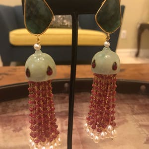 Emerald Ruby Jade Chandelier Earrings, tuby tassel earrings, emerald slice earring, emerald earring, ruby earrings, boucles d'oreilles rubis image 2