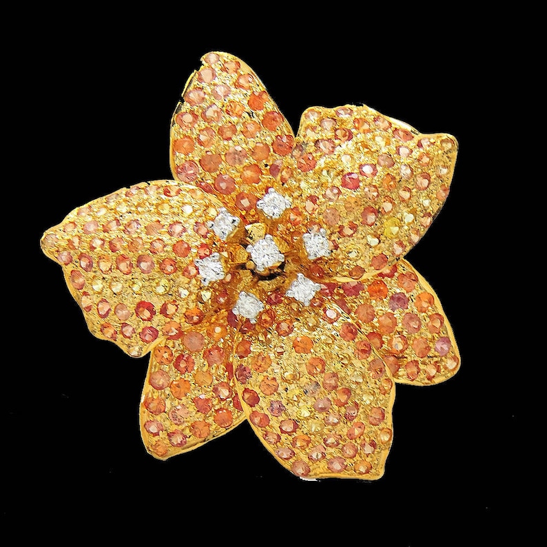18k Gold Flower Statement Ring Big Diamond Sapphire Flower Etsy