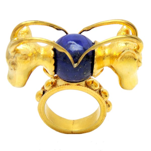 Sterling Gold Plated Double Bull Ring with Single Natural Lapis Stone, Zodiac Statement Ring, Taurus, Ox Ring, Zodiac jewelry, Gift for Him