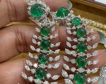 18k Gold 22 carat Emerald Diamond Earrings, Diamond and Emerald Dangle Earrings, long emerald earrings