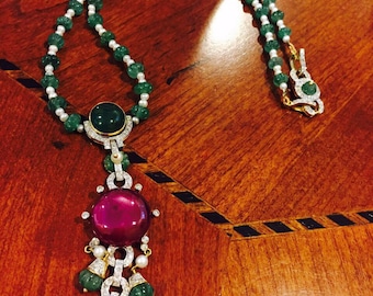 Collana in oro 14k con rubino e smeraldo, smeraldo e rubino da 102 carati, collana in oro con rubino, collana in oro con smeraldo, collana con perline di smeraldo, grande rubino
