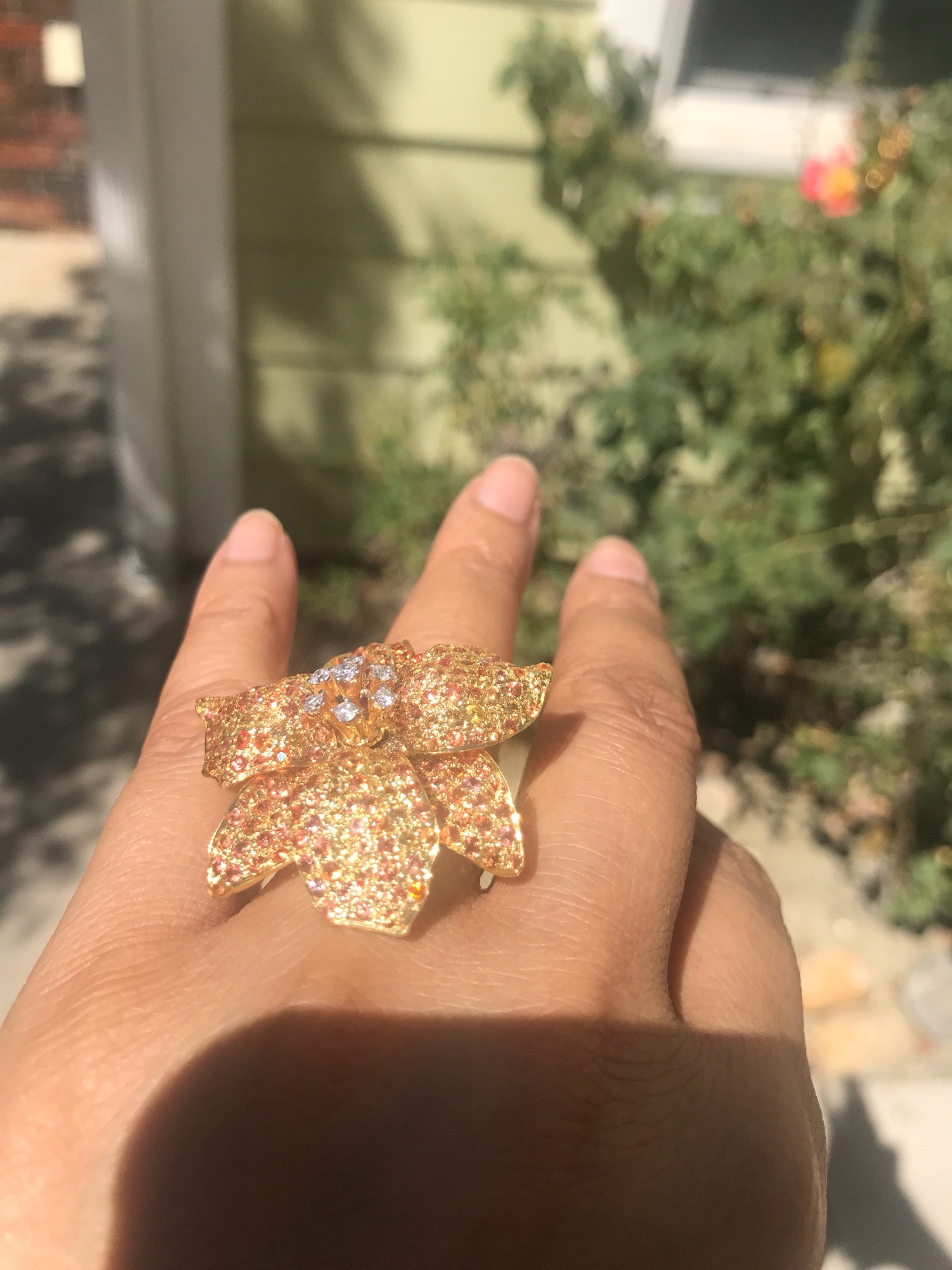 18k Gold Flower Statement Ring Big Diamond Sapphire Flower - Etsy