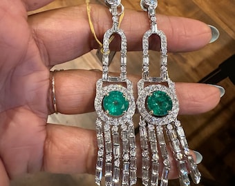 18k Gold Emerald Diamond Earrings, Designer Diamond and Emerald Dangle Earrings, long emerald earrings