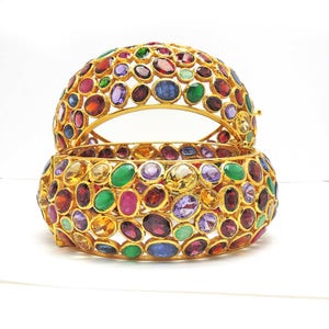 Verkauf! Saphir Rubin Smaragd Armspange, Sterling Gold getauchte Multi-Saphir Armspange, Multistone Armreif, Citrin Granat blau Saphir
