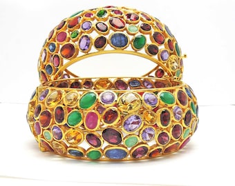 Sale! Sapphire Ruby emerald Cuff, Sterling Gold Dipped Multi-Sapphire cuff, Multistone Bangle, Citrine Garnet Blue Sapphire