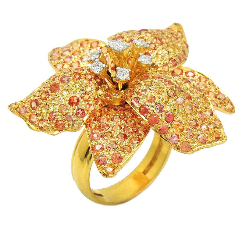 18k Gold Flower Statement Ring Big Diamond Sapphire Flower Etsy
