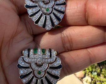18k Gold 3.5 carat Emerald Diamond Earrings, art deco Diamond and Emerald Stud Earrings, emerald earrings