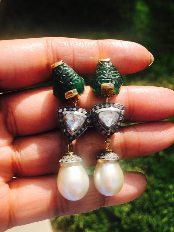 Carved Emerald Tanzanite Diamond Drop Earrings For Sale at 1stDibs  carved  tanzanite emerald hanging earrings