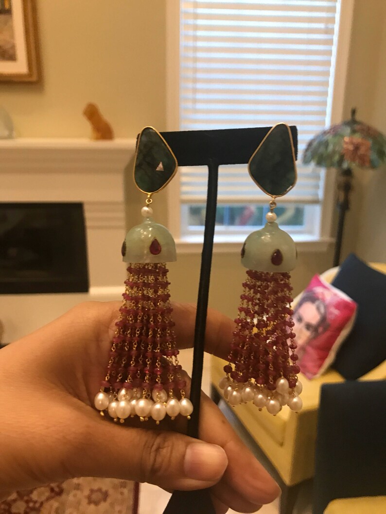 Emerald Ruby Jade Chandelier Earrings, tuby tassel earrings, emerald slice earring, emerald earring, ruby earrings, boucles d'oreilles rubis image 5