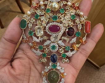 Appraised 14k Gold 58.5 carats Diamond Navratna Multi Precious Gemstone Pendant, 10 carat diamond Gold Navratan Pendant