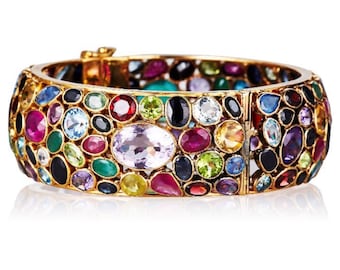Sapphire Ruby emerald Cuff, Sterling Gold Dipped Multi-Sapphire cuff, Multistone Bangle, Citrine Garnet Blue Sapphire