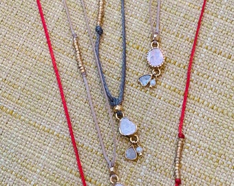 Uncut Single Cut Diamond necklace, stunning simple string necklace with diamond pendant and gold hoop details