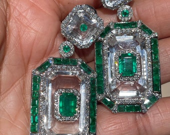 8 carat Emerald Diamond Earrings, rare Emerald earrings, Big emerald earrings, 18k gold diamond emerald earrings, Estate Emerald Earrings