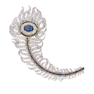 Broche de oro de 18 quilates con diamantes de 16 quilates, broche de pavo real, broche de zafiro, broche de diamantes con plumas, broche para hombre, broche unisex, broche único de época