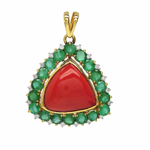 Coral Pendant, Diamond and Coral pendant, Coral Emerald Pendant, Red Coral Pendant, Red Stone With Diamonds,  Emerald Pendant, Red Carpet