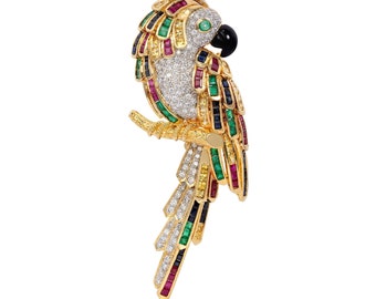 Reduced! 18k Gold Diamond vintage brooch, 18k white yellow gold diamond ruby sapphire onyx brooch 1970s period jewelry, unique bird brooch