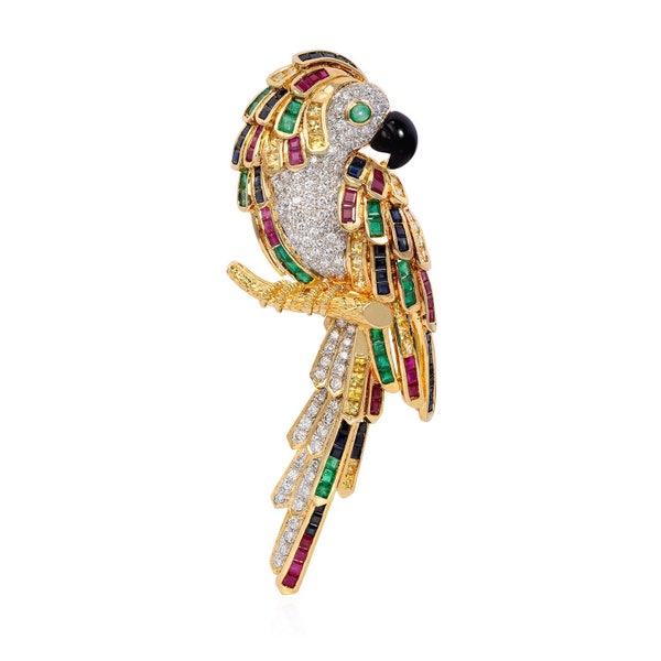 Reduced! 18k Gold Diamond vintage brooch, 18k white yellow gold diamond ruby sapphire onyx brooch 1970s period jewelry, unique bird brooch