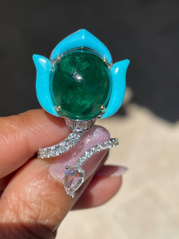 20 Carat Emerald Diamond Cocktail Ring 18k Gold Diamond Emerald Ring Emerald Cocktail Ring Cabachon Emerald Ring Turquoise Diamond Ring Etsy