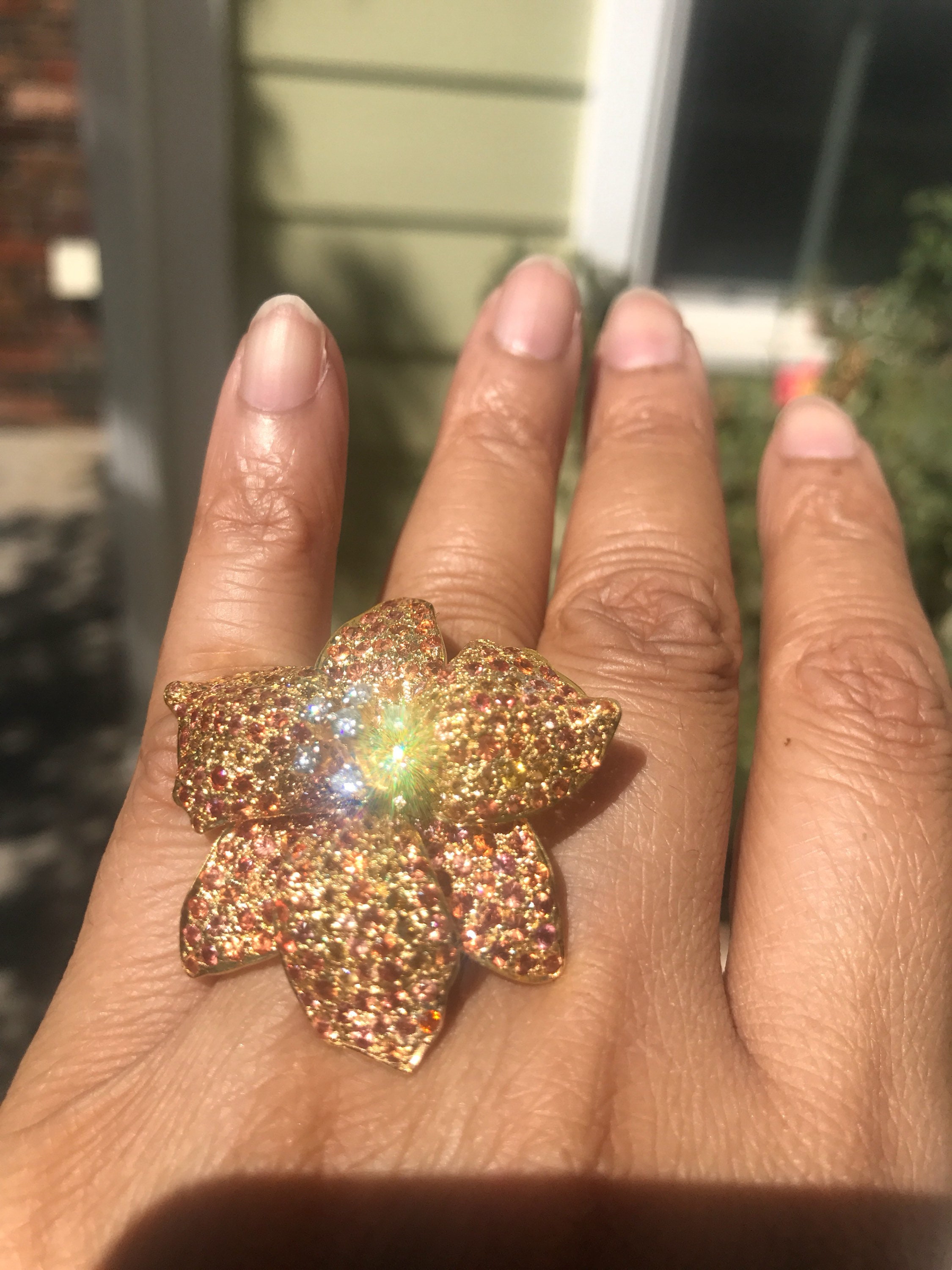 18k Gold Flower Statement Ring Big Diamond Sapphire Flower - Etsy