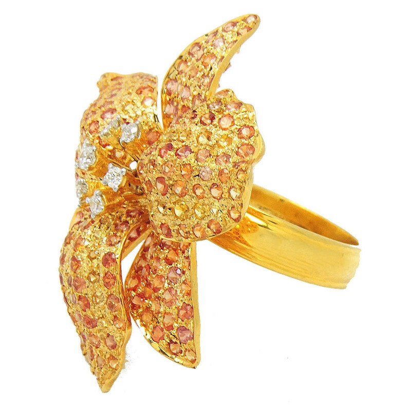18k Gold Flower Statement Ring Big Diamond Sapphire Flower Etsy