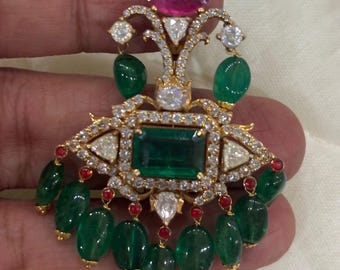 Emerald Ruby Diamond 22k gold Pendant Necklace Collectors Jewelry, Fine Estate Emerald Jewelry