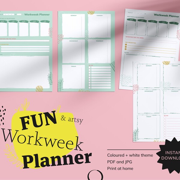 Fun & Artsy Workweek Planner and Organiser, Work To Do, Daily, Weekly, Schedule, Tracker, Unique Planner, Maximalist Stationery