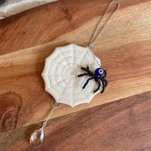 Ceramic Cobweb and Spider Art Hanging Suncatcher  | Web With Beaded Spider Wall Art | Gothic Gift | Art For Your Home | Spider Dar Art |