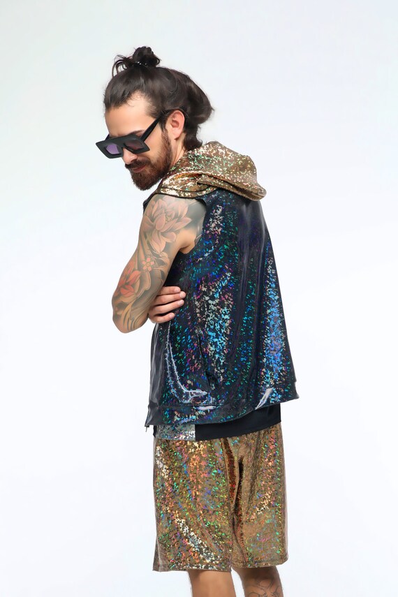 Entusiastiche gilet di paillettes | Felpa con cappuccio Festival | Hood olografica | Giacca Festival | Felpa con cappuccio senza maniche | Rave con Entusiastiche gilet di paillettes | Felpa con cappuccio Festival | Hood olografica | Giacca Festival | Felpa con cappuccio senza maniche | Rave con