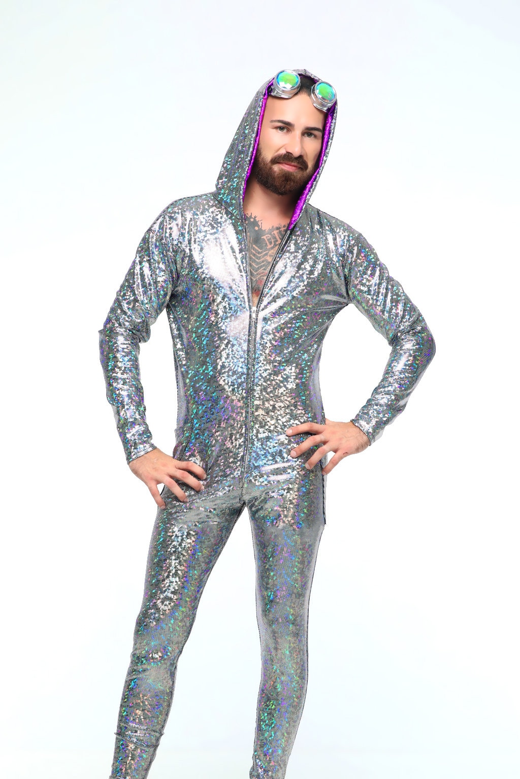 Burning Man Costumes Mens Holographic Jumpsuit Rave Bodysuit Etsy