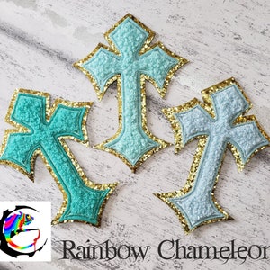 シェニールクロスアイロンパッチ：ブルー＆グリーン、ゴールドグリッター