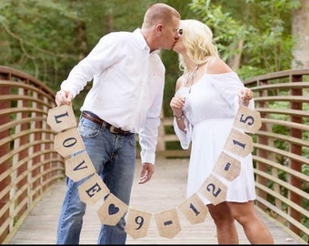 LOVE and DATE Burlap Banner, Bunting, Garland, Pennant, Photo Prop, Wedding Decor, Home Decor, Engagement, Save the Date