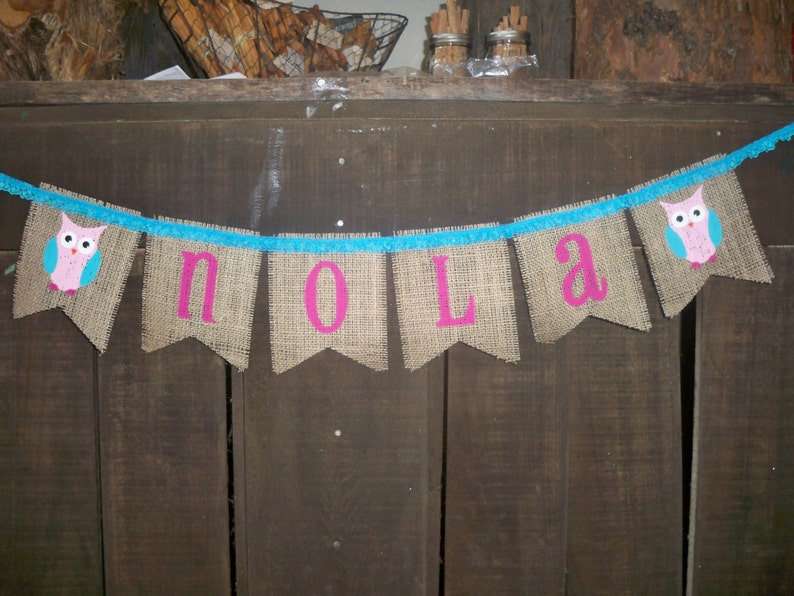 BABY NAME and Lace Burlap Banner, Bunting, Garland, Pennant, Photo Prop, Baby Decor, Nursery Decor, Home Decor image 3